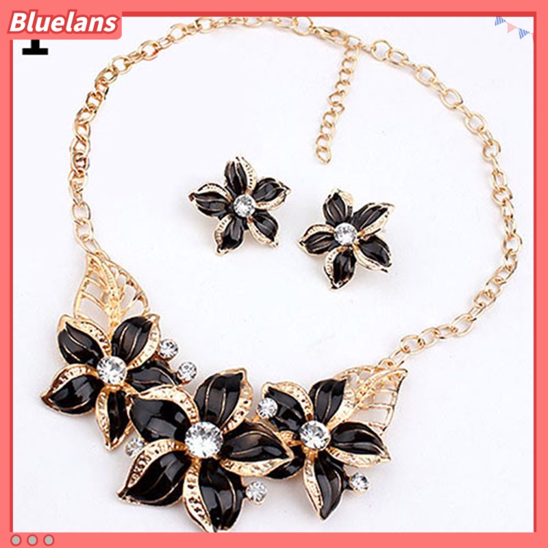 Bluelans Fashion Women Rhinestone Flower Statement Pendant Necklace Earrings Jewelry Set