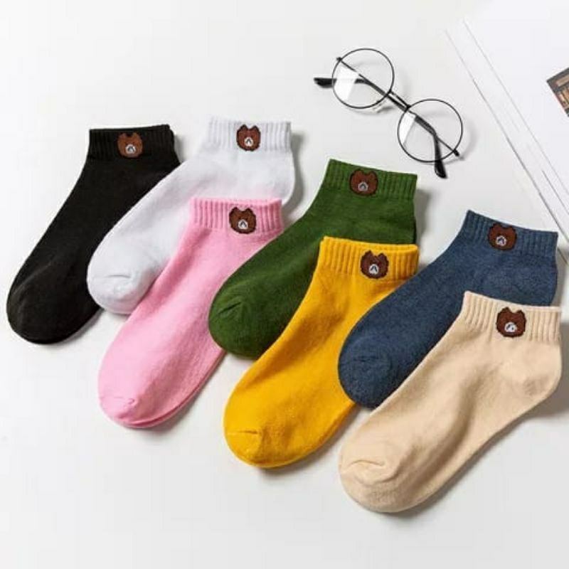 (GROSIR 3 PASANG)Kaos Kaki Pendek Mata Kaki Wanita Remaja Motif Beruang Warna Unisex