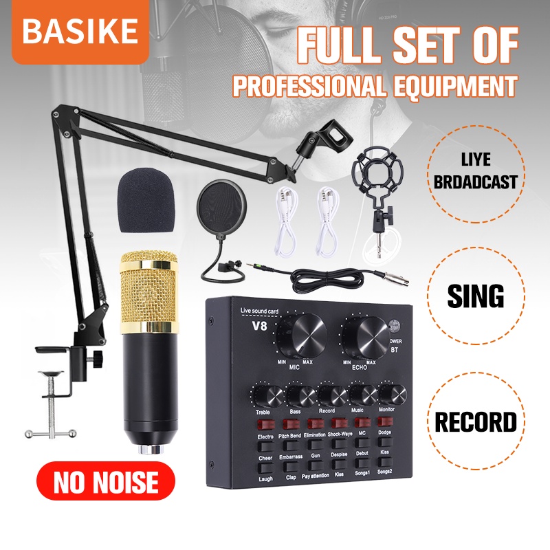 BASIKE Microphone Condenser Profesional Recording Streaming Podcast Untuk PC Komputer Handphone