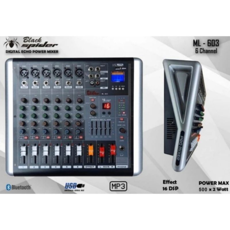 DISTRIBUTOR POWER MIXER 6 CHANNEK BLACK SPIDER ML 603 USB BKUETOOTH