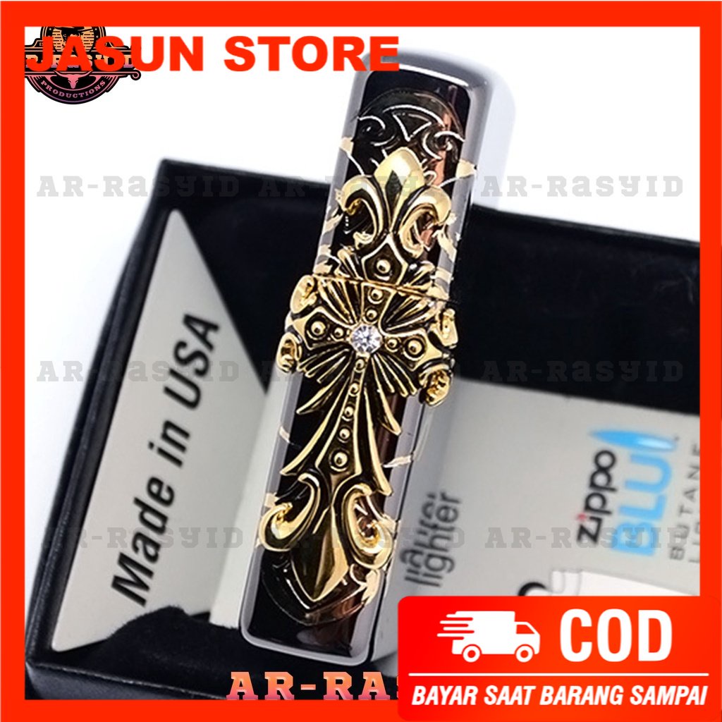 Bisa COD! Korek Api Minyak Zippo Hitam Black Ice Motif Ancient Cross ZBT-1-33A