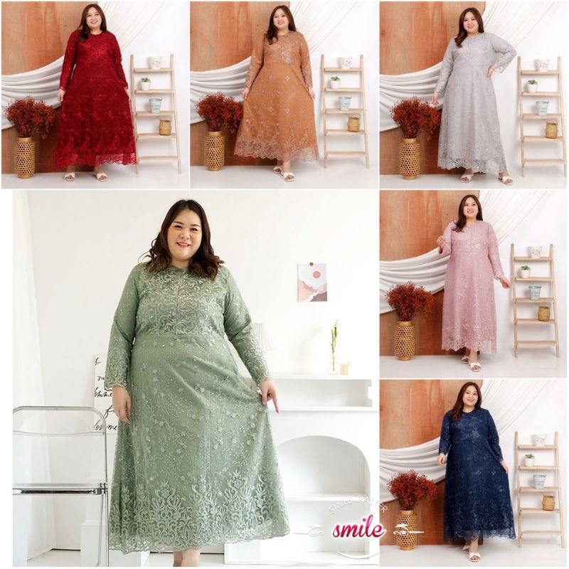 JUMBO LONG MAXI DRESS PESTA SARAH BROKAT TILE MUTIARA FURING FIT XXL LD 120