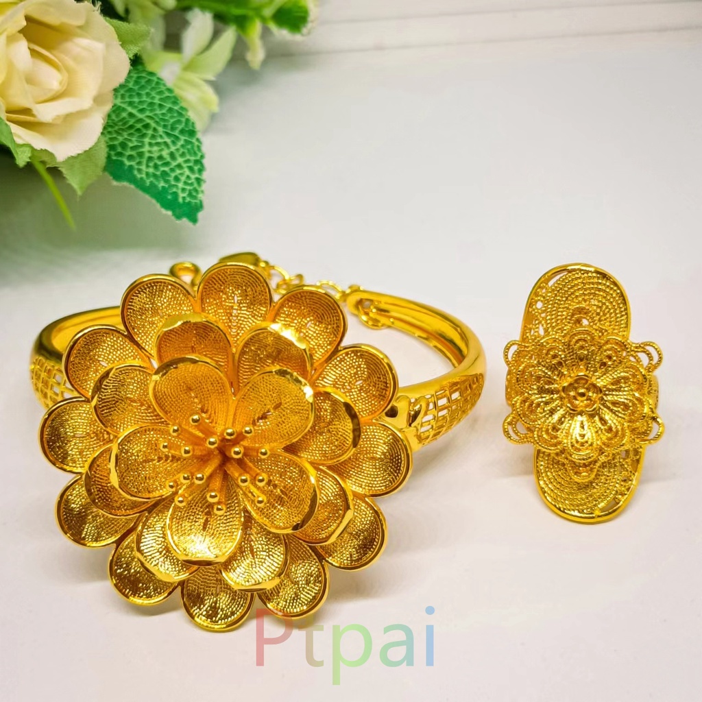 Set Gelang Kendari  lapis emas 24k gold Matahari free cincin terbaru fashion Dubai Perhiasan xuping bunga bangle