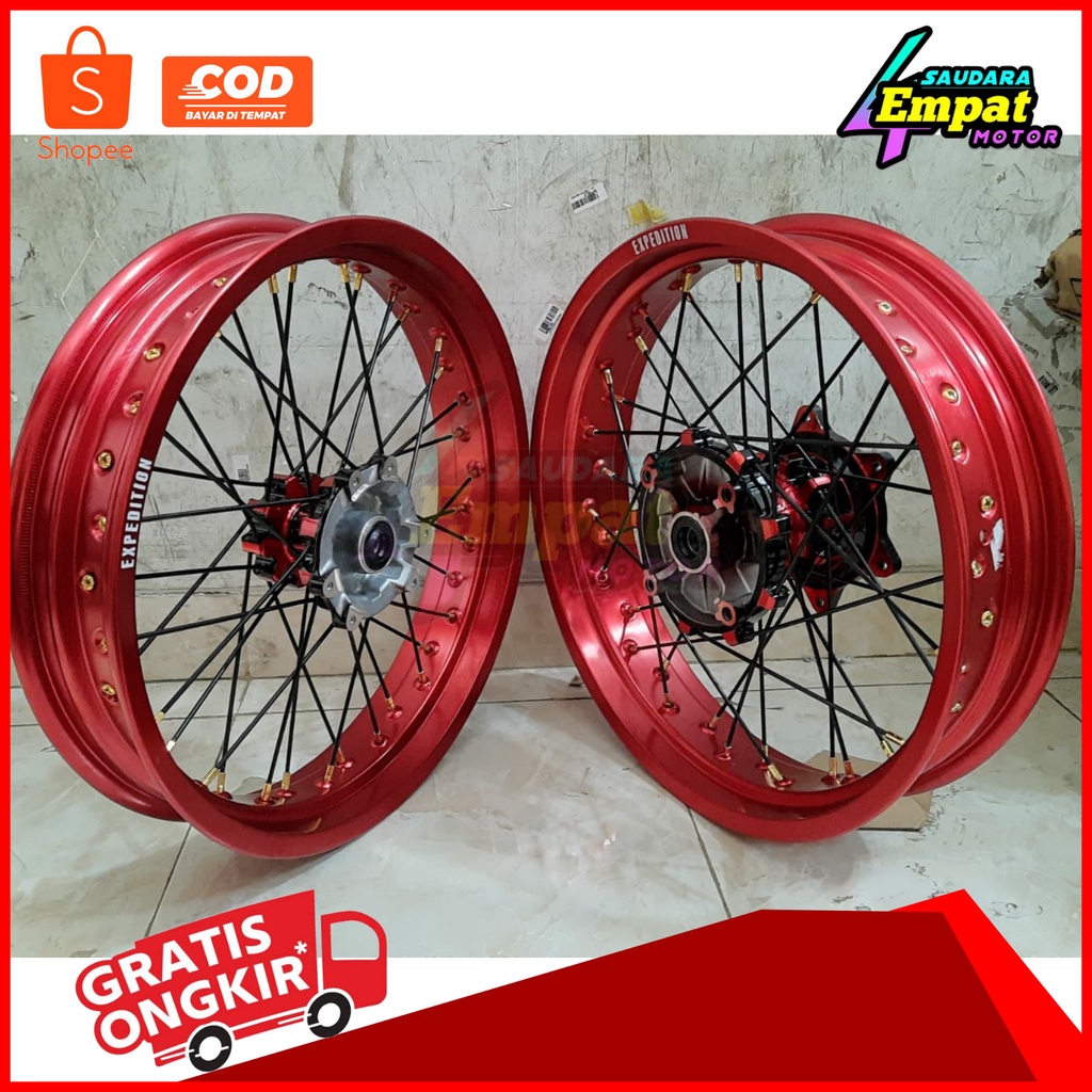 PAKET VELG WHEELSET SUPERMOTO EXPEDITION SCARLET RACING TRAIL KLX CRF WR155 TINGGAL PASANG