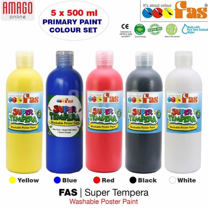 

[COD] PAKET 5 WARNA -FAS SUPER TEMPERA- YELLOW BLUE RED BLACK WHITE X 500 ml PROMO SPECIAL Kode 230