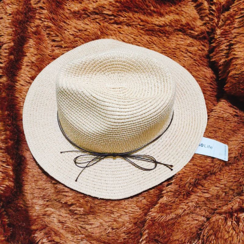 NEW Topi Pantai Lebar Pita Pelindung UV Summer Hat Ribbon Simple Cream Usupso Topi Jepang Korea