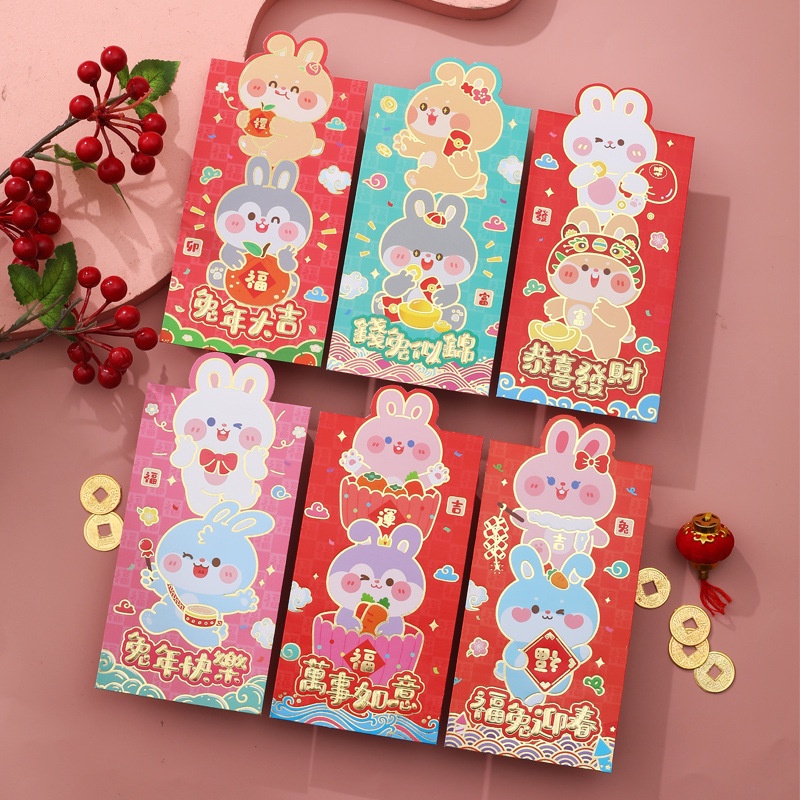 6pcs / Set Amplop Angpao Motif Kartun Kelinci Warna Merah Untuk Tahun Baru Cina / Imlek