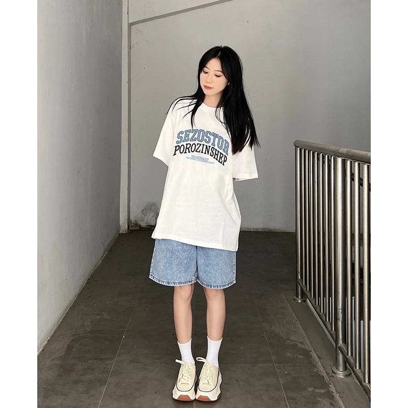 EUNII T-shirt Lengan Pendek Design sense English Korean Style/Kaos Atasan Wanita/Baju Kaus Oversize Wanita