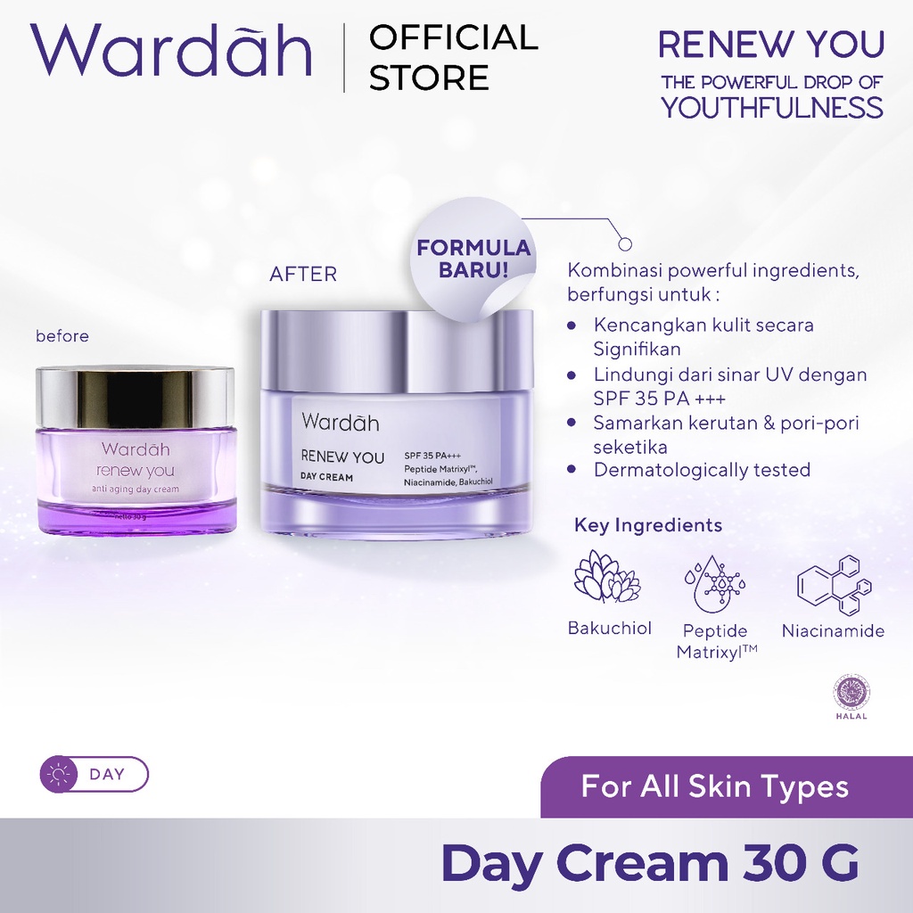 GIRLSNEED77 Wardah Renew You Anti Aging Day Cream - Pelembab Anti Aging dengan SPF 30 PA+++, Peptide