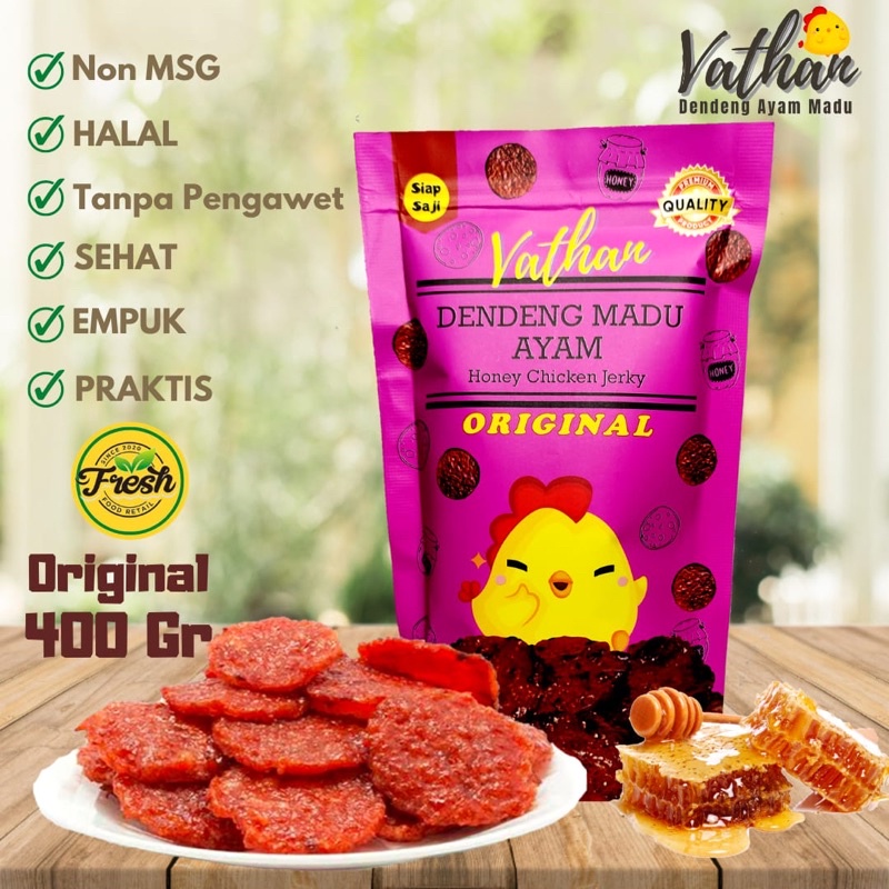 

DENDENG AYAM MADU PANGGANG VATHAN ORIGINAL MAKANAN SIAP SAJI HALAL EMPUK SEHAT - 400 GR