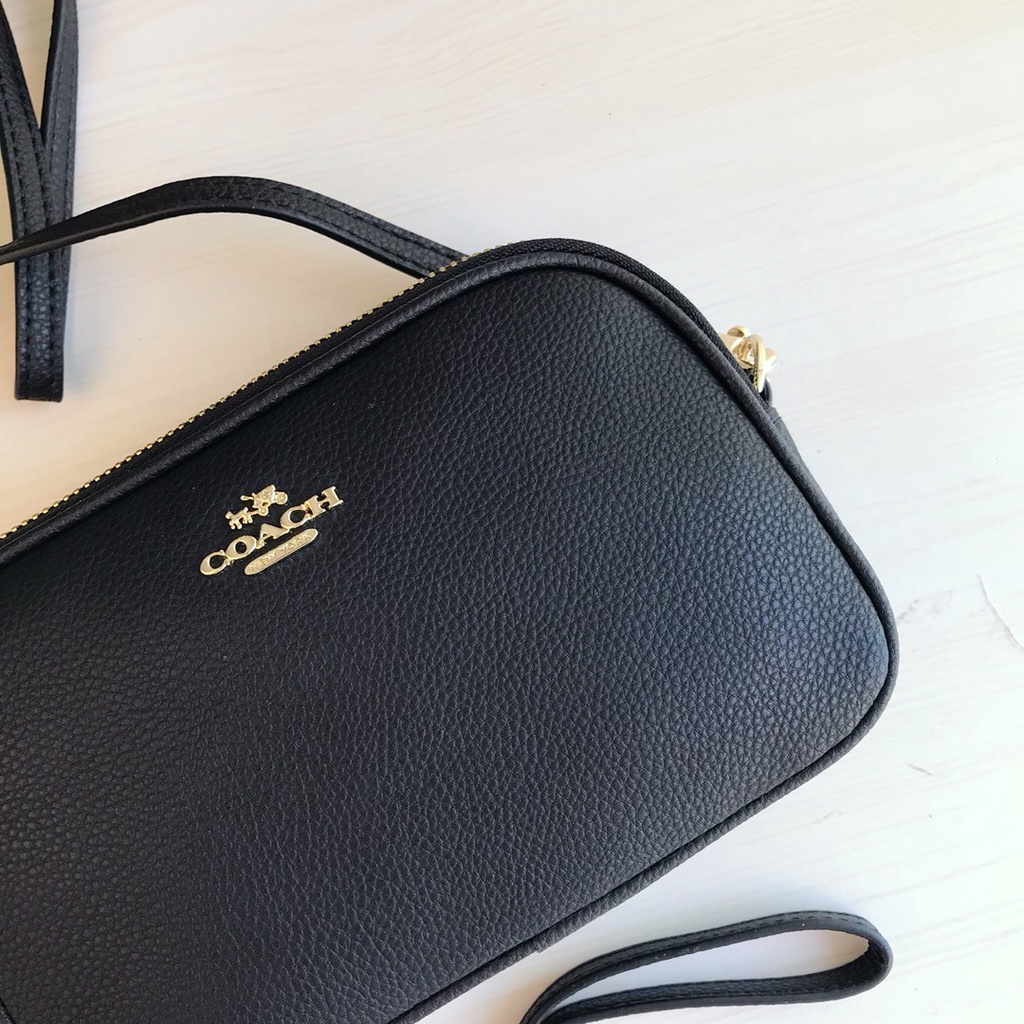[Instant/Same Day]Coach 65547 Black lychee pattern camera bag Full head leather messenger bag Double zipper multipurpose women's bag   xjb
