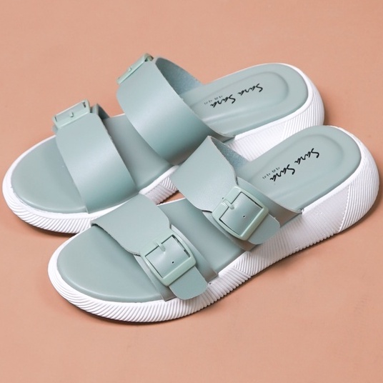 SARASARA YUK - Sandal Wanita Slop Casual Model Birken Sol Puyuh SARA SARA JEAN Sendal Selop Cewek Kulit Santai Strap Gesper Ban dua Empuk lucu Size 36 37 38 39 40 Warna Green Hijau Soft Anti Slip Original Kekinian Terbaru Shoes ORI Mall Official Store