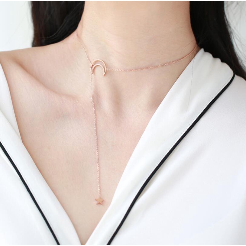 Kalung Rantai Klavikula Hias Liontin Bulan Bintang Geometris Gaya Korea Untuk Wanita