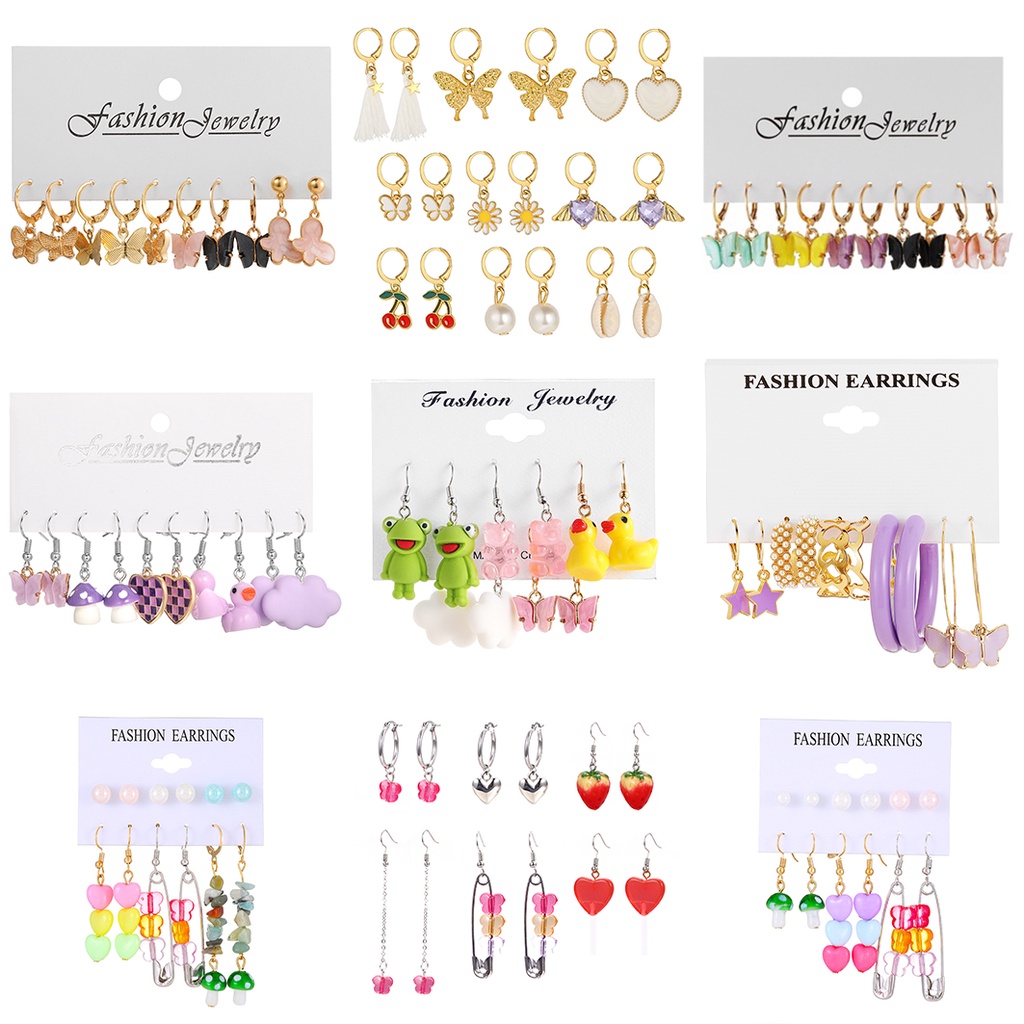 Set Anting Warna-Warni Bentuk Hewan Bebek Butterfly Hati Jamur Untuk Wanita