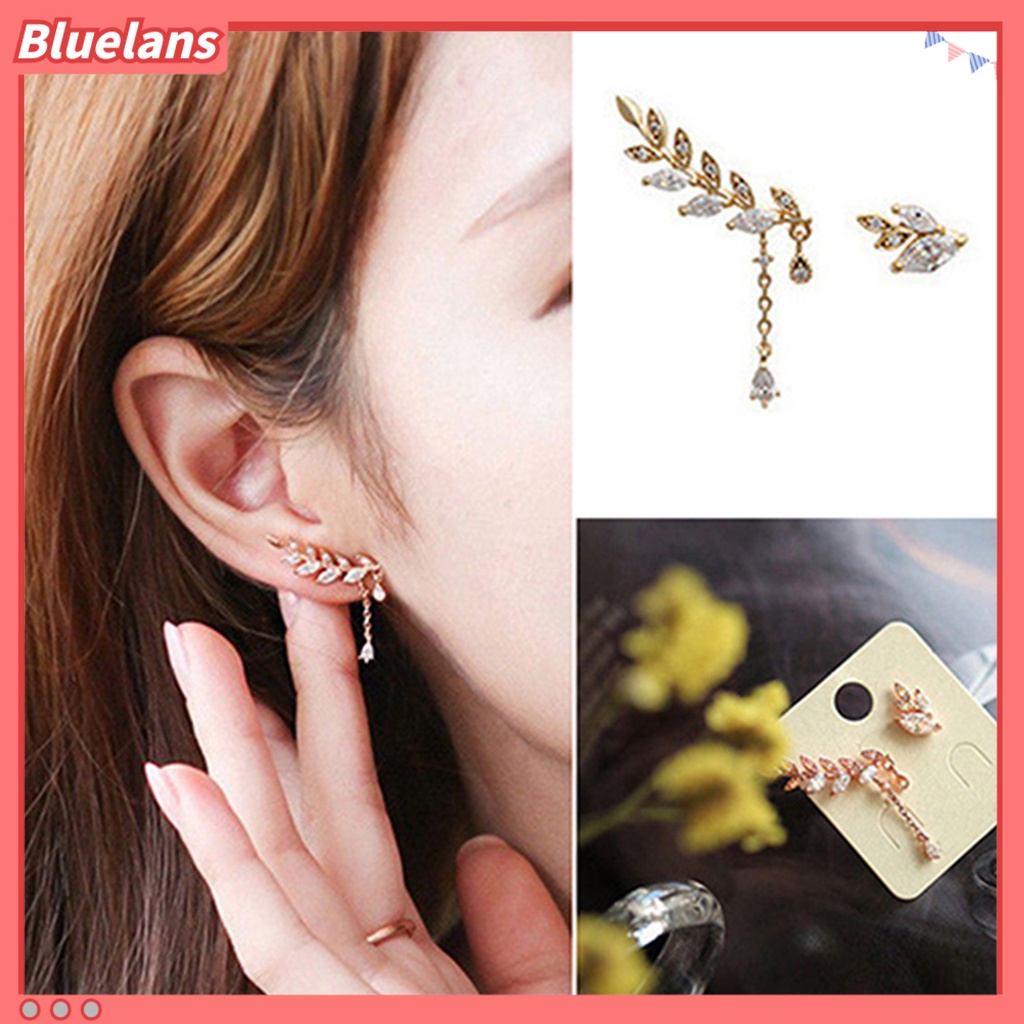 Bluelans Anting Tusuk Gantung Asimetris Desain Daun Hias Berlian Imitasi Anti Karat Untuk Wanita