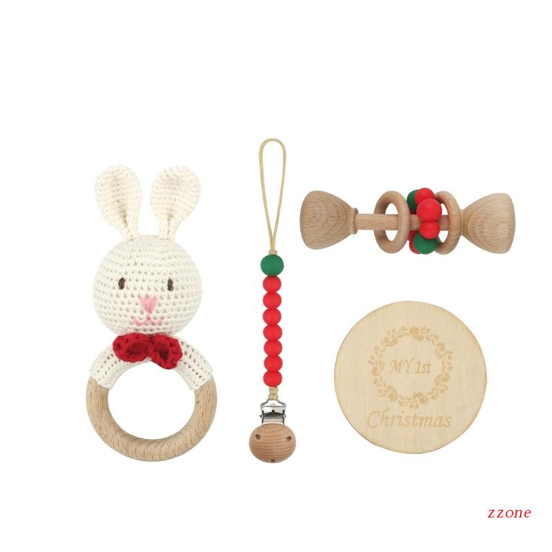 Zzz 4Pcs / Set Mainan Rattle / Teether + Klip / Jepit Bahan Kayu Untuk Bayi