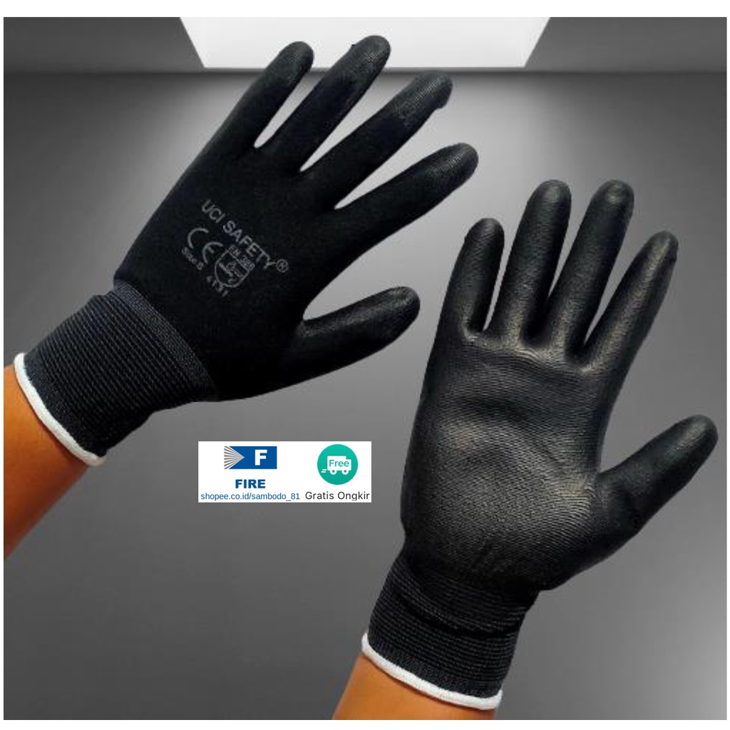 Sarung Tangan Coating Karet Pengaman kerja Packing PU Statis Multitask Karet Palm Fit Ukuran S,M, L, XL Proyek Satpam Anti Slip Hitam Black Hand Gloves Mekanik Montir Berkebun