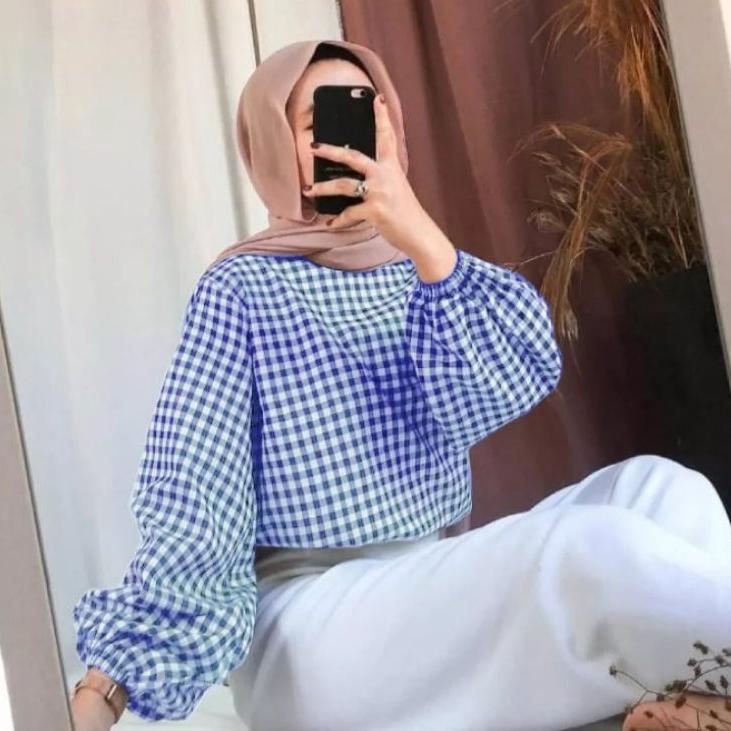 square blouse motif kotak baju lengan panjang atasan tangan balon pakaian wanita pakaian remaja keki