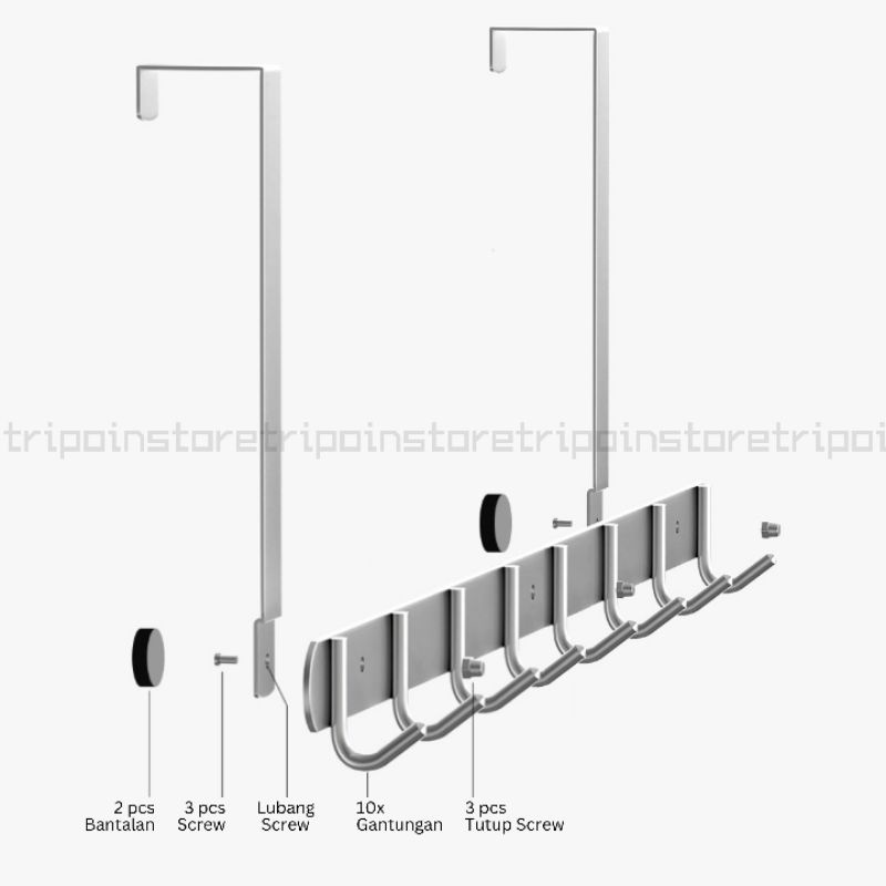 Kapstok 8 Hook Gantungan Baju Tanpa Paku Atas Pintu SUS304 Stainless Steel Capstok 8 Hook