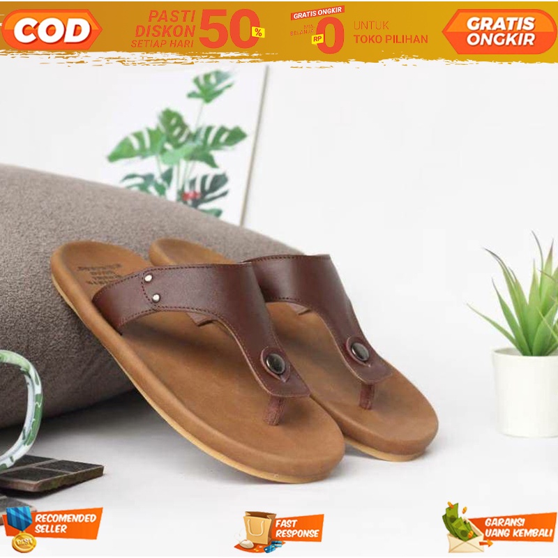 Sandal Casual Kulit Asli Pria Distro Santai Ori Berselancar & Pantai Flip Flops Premium Cow Leather 