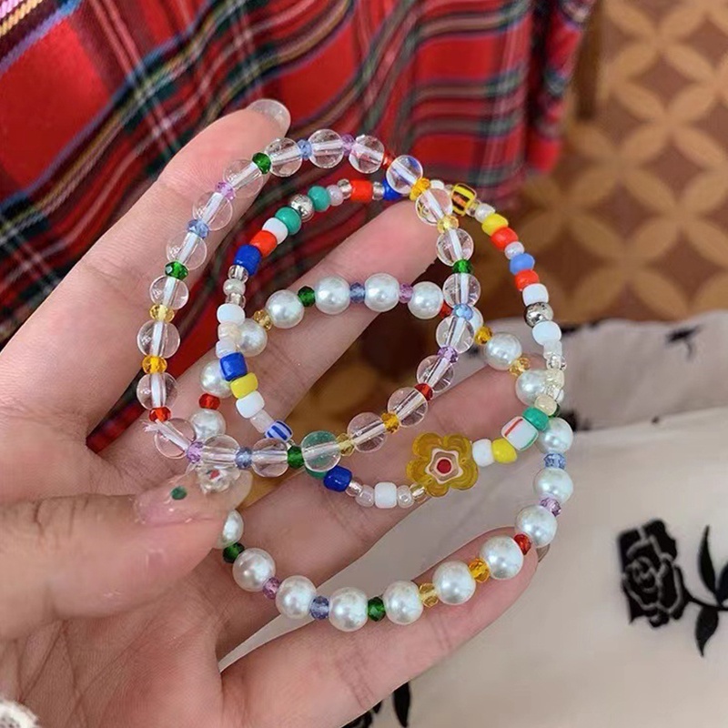 Ins Gelang Tangan Elastis Aksen Bunga / Mutiara / Kristal Imitasi Warna-Warni Ala Korea Untuk Wanita