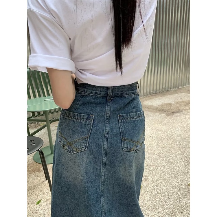 Rok Denim Wanita Tinggi Pinggang Lurus Longgar  Split Panjang Over-The-lutut Rok