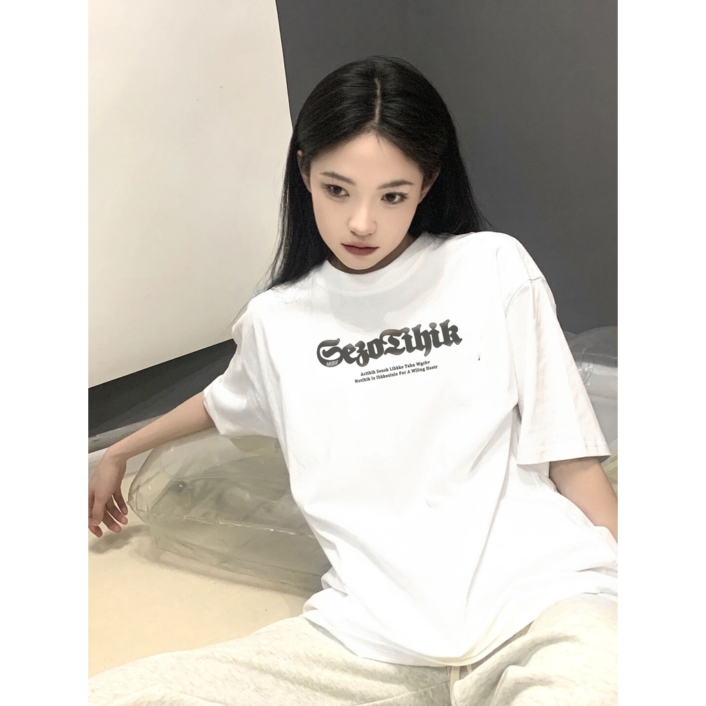 EUNII T-shirt Lengan Pendek Retro Modis Bahasa Inggris Pencetakan Longgar Korean Style/Kaos Atasan Wanita/Baju Kaus Oversize Wanita