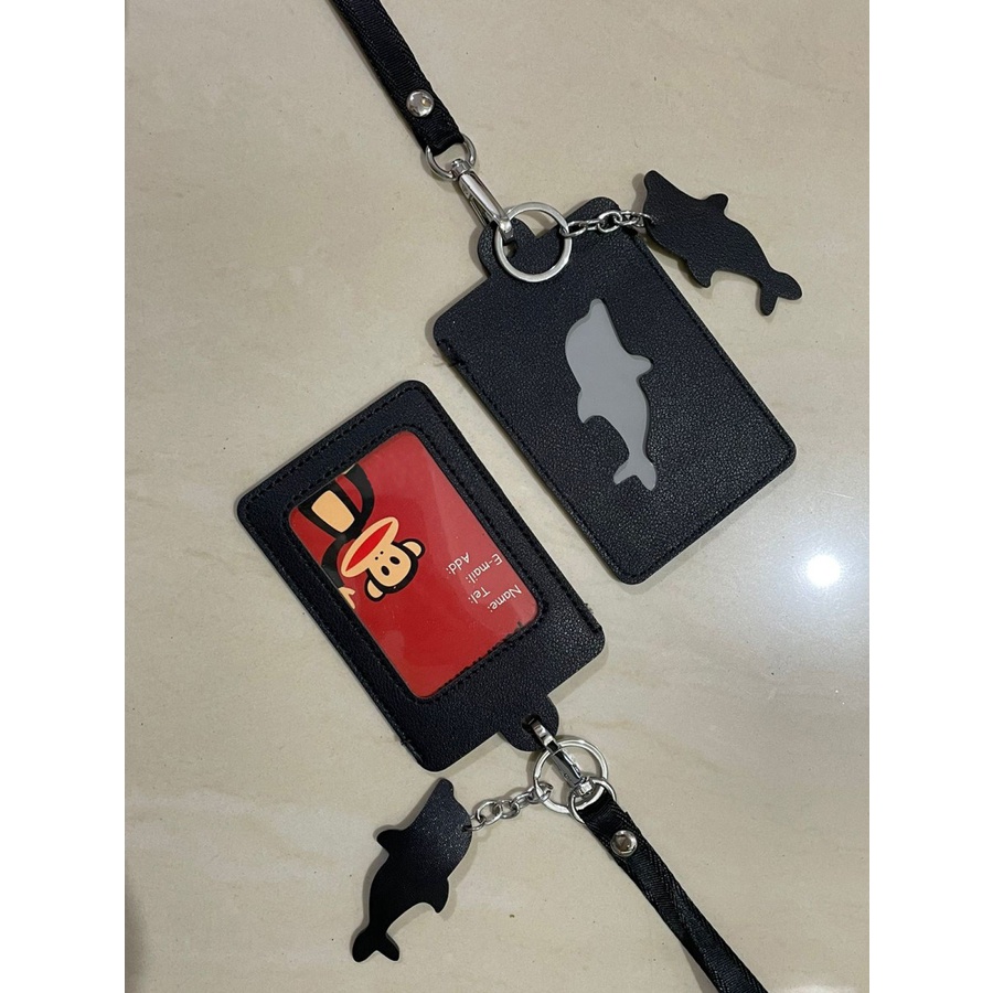 

Id Kulit nametag tempat idcard id card Hitam Dolphin (1 set Tali lanyard) Leather