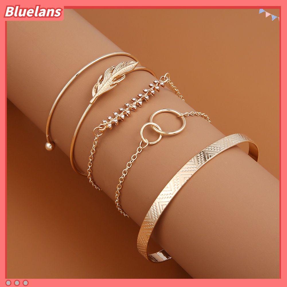 5pcs / Set Gelang Model Terbuka Desain Daun Aksen Berlian Imitasi Untuk Wanita