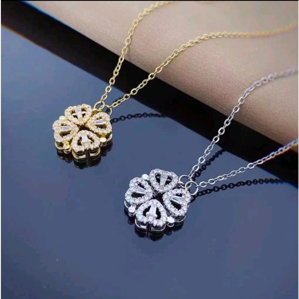 Kalung Titanium Love Hati Wanita Magnet Bunga Berlian 2 in 1 Permata Anti Karat Dalika Anti Karat