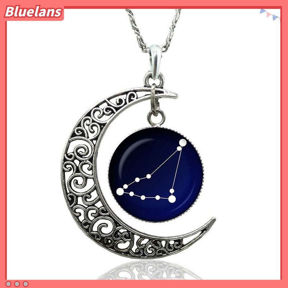 Kalung Liontin Bulan Sabit Astrologi Bahan Kaca Cabochon Model Hollow Untuk Wanita