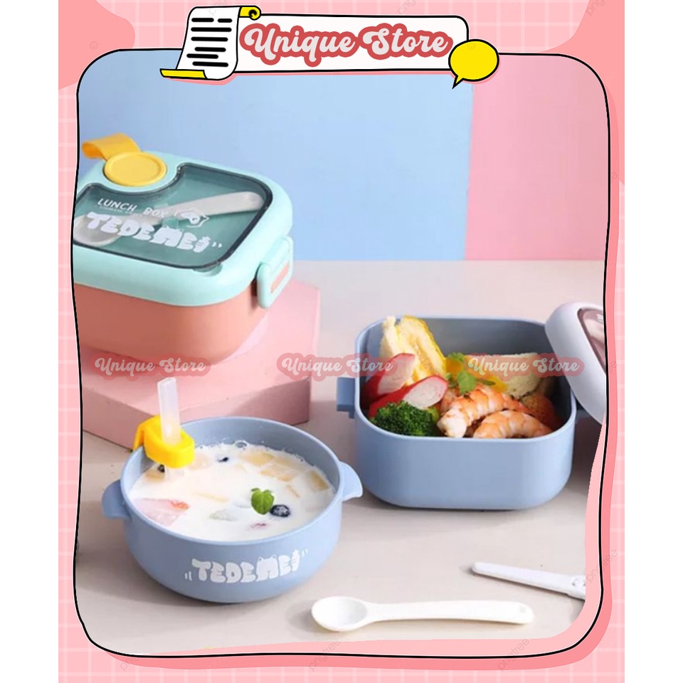 TEDEMEI Kotak Makan 2 IN 1 -Set Lunch Box FREE SENDOK dan MANGKUK AMAN BPA FREE