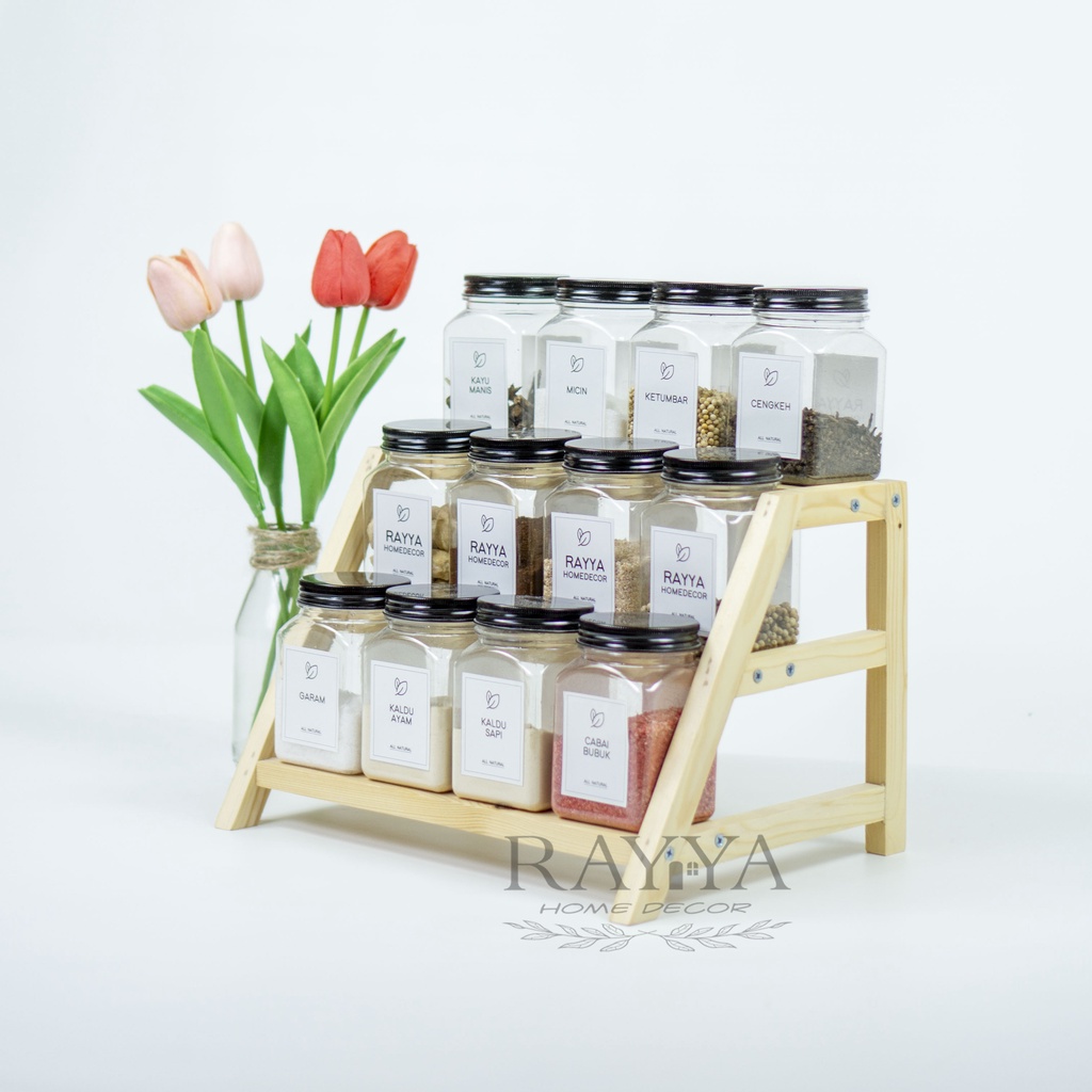 Rak kayu susun tiga tingkat model tangga untuk bumbu dapur dan serbaguna, finishing pernis bening