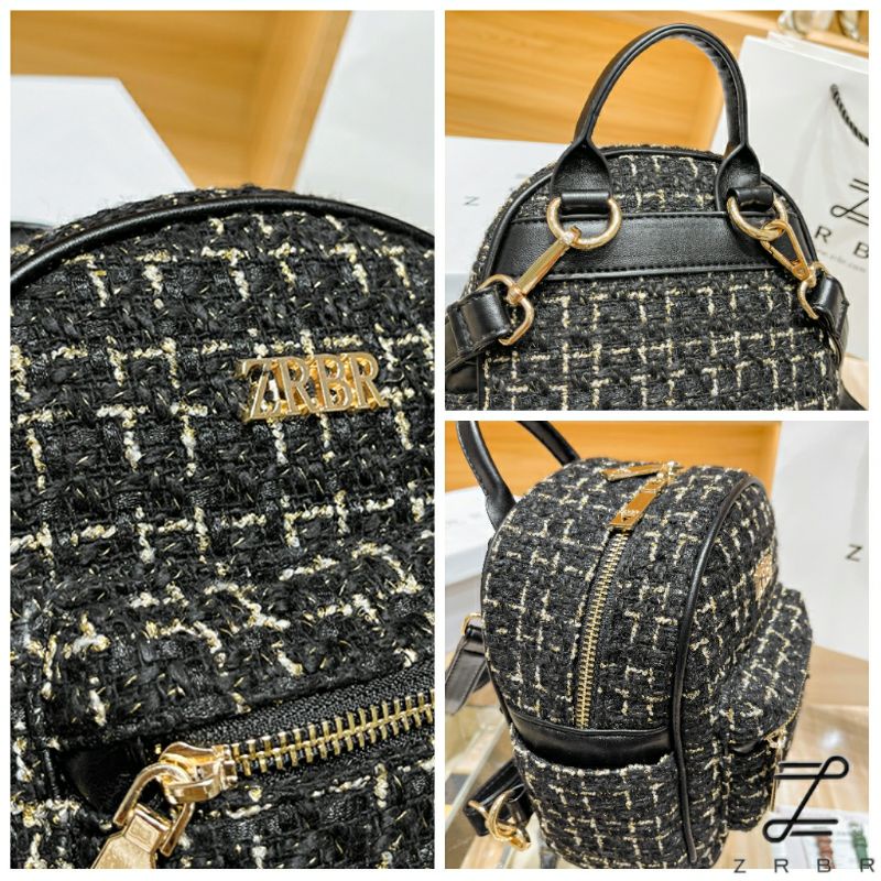ZRBR - Tas Ransel Wanita Import Backpack Mini Cewek Stylish Korea - Tweed Trapez Backpack #9037-3