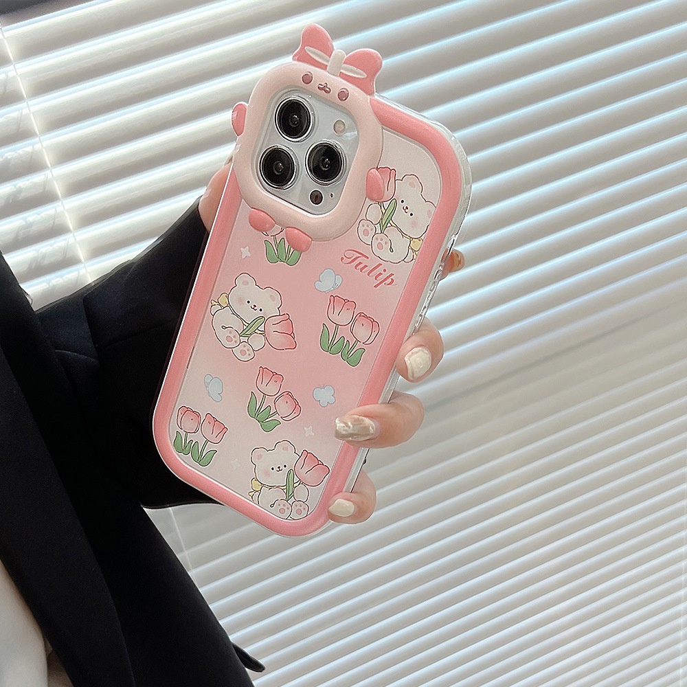 Case Silikon 2 IN 1 Desain Kartun Beruang Bunga Pink 3D Untuk Iphone 14 11 12 13 PRO MAX