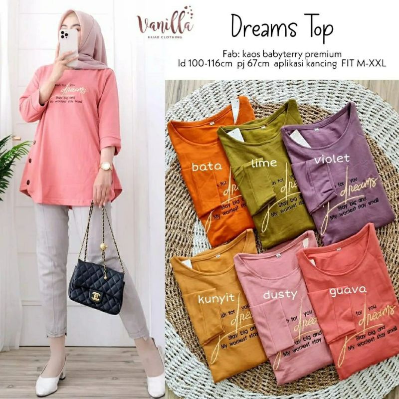 Dreams Top, KAOS WANITA CANTIK MODIS MURAH FIT XXL LD 100-116 BAHAN KAOS BABYTERRY PREMIUM MIX BORDIR TERMURAH OOTD TERLARIS