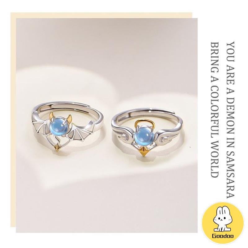 Perhiasan Cincin Pasangan Perak Biru Moonstone Malaikat Setan -Doo