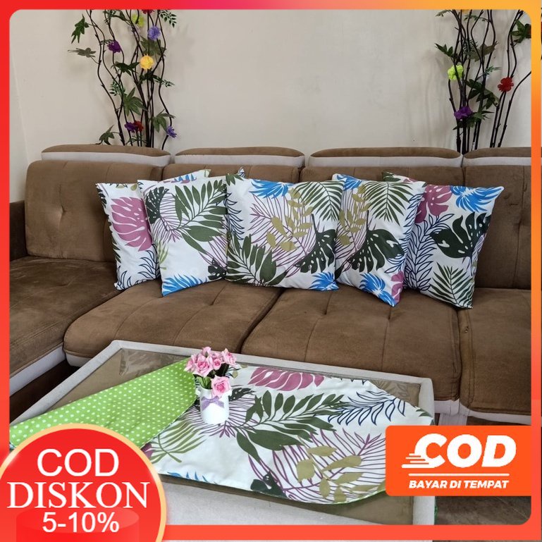 COD PAKET SARUNG BANTAL KURSI SOFA SET 5 PCS 40x40 DAN TAPLAK MEJA TAMU PREMIUM MEWAH ANEKA MOTIF PE