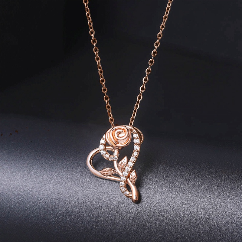 Fancyqube Kalung Liontin Hati Mawar Aksen Kristal Berlian Imitasi Warna Silver Untuk Wanita