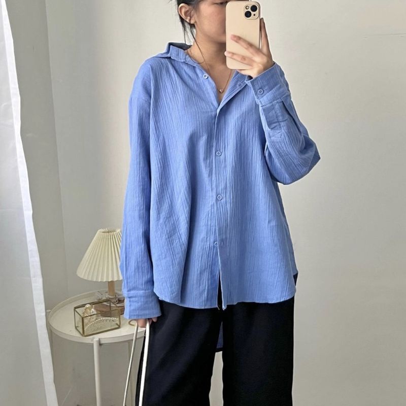 Suki Shirt Kemeja Wanita Linen Crinkle Premium / Basic Oversize Atasan Wanita - Bumil Friendly - Basic Shirt