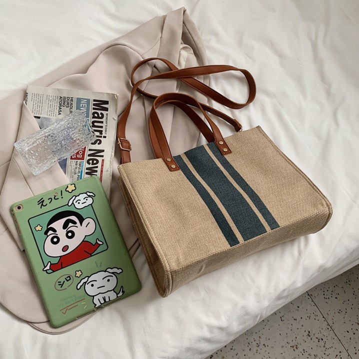 【COD】Versi Korea Tas Wanita Tas Totebag Tote Bag Kanvas Profesional Komuter Bergaris Sederhana Satu Bahu Tas Besar Di Dalam Tas Kanvas Berkapasitas Besar