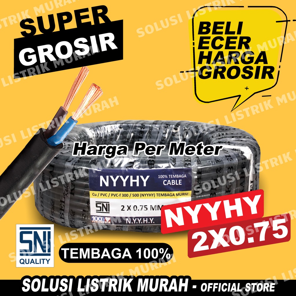 Kabel Listrik NYYHY SNI Serabut Tembaga 2x0,75 2x0.75 Meteran NYY HYO Kabel Hitam Tembaga Asli per meter