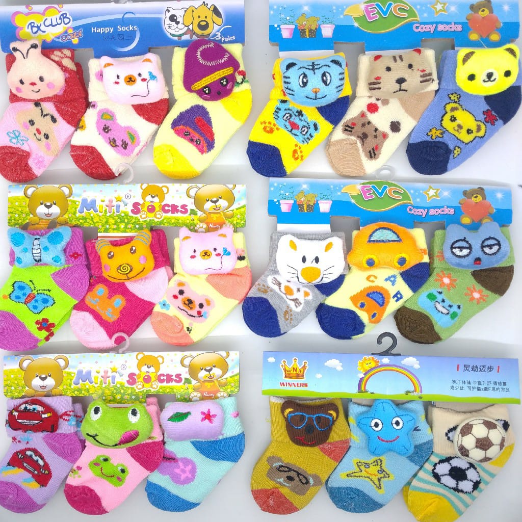 ISI 3 PASANG KAOS KAKI BAYI MOTIF BONEKA 3D USIA 0-6 BULAN