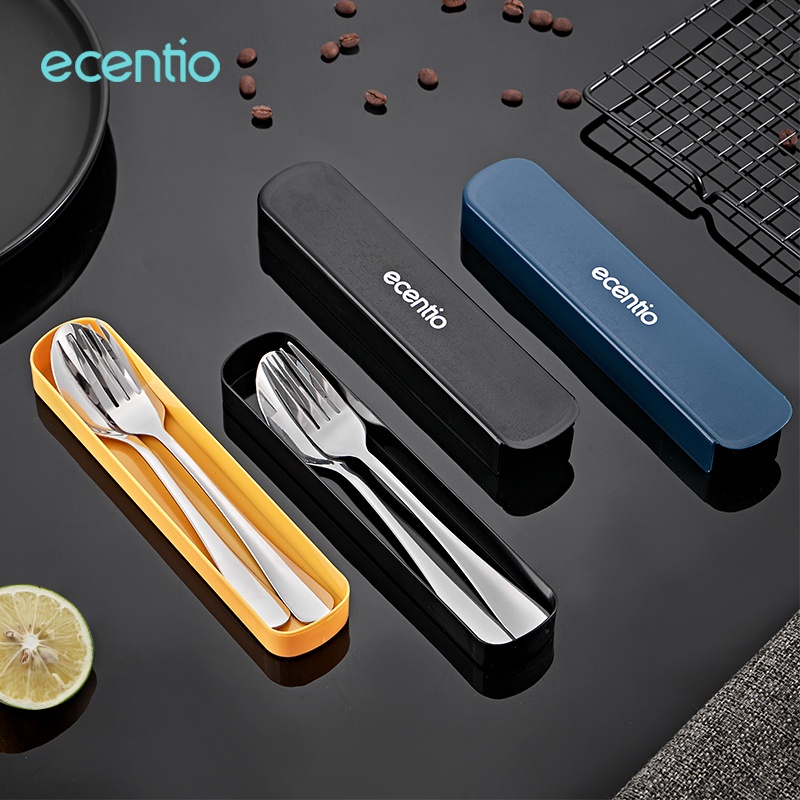 ecentio 2pcs Sendok Makan Dengan Kotak Berbahan Stainless Steel Sumpit Sendok Grapu Set