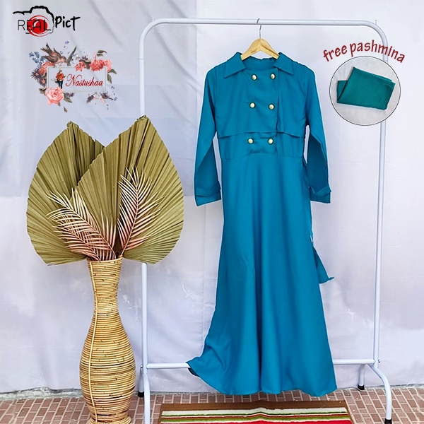 Dress muslim Busui Friendly Kancing Depan Maxi Gamis Terbaru Dress Gamis Abaya Polos Karet Kerut Belakang FREE Pashmina