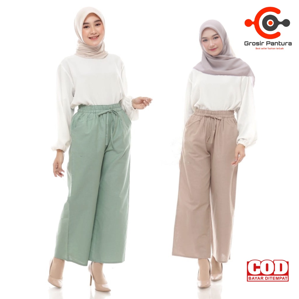 Kulot Linen Jumbo highwaist Celana Wanita Kekinian Bahan Katun Premium