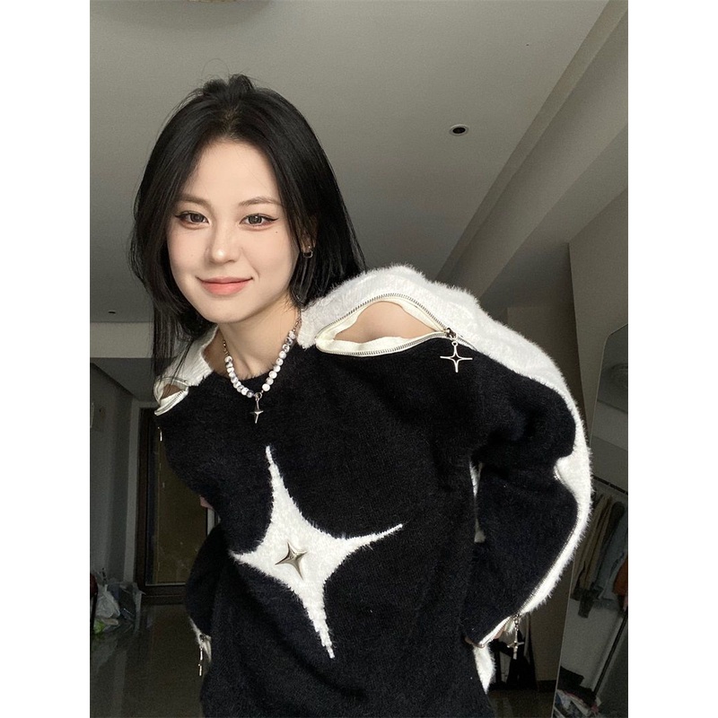 Nico##sweater crop wanita/star/off-shoulder/sweater crop korean style/knitwear wanita/y2k sweater