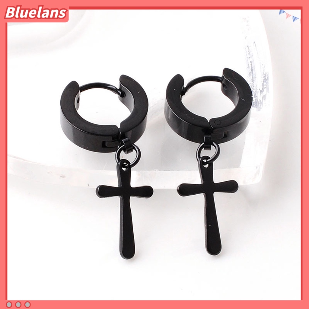 1 Pc Anting Hoop Dangle Cross Bahan Stainless Steel Gaya Korea Untuk Unisex