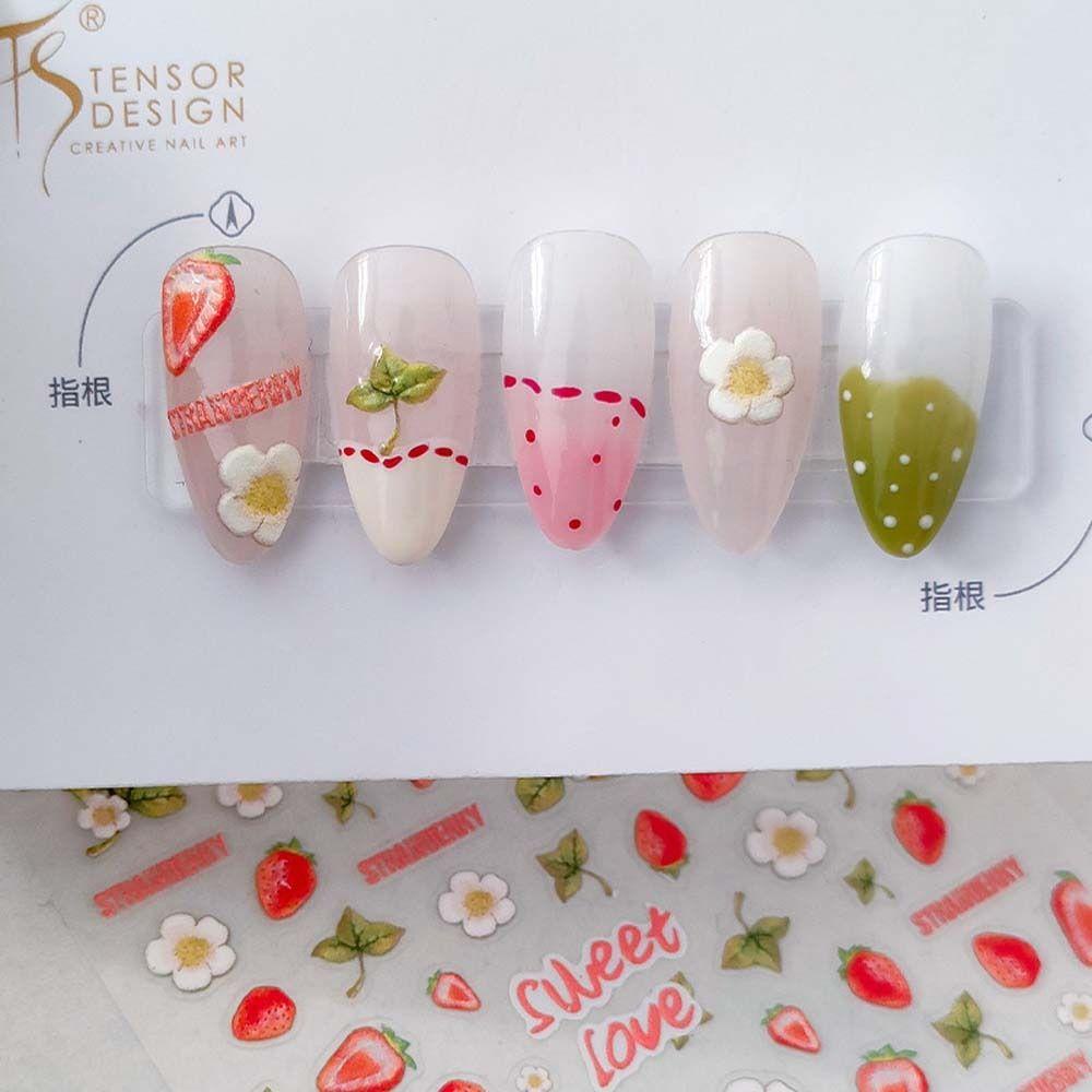 AUGUSTINA Agustina Kartun Stiker Kuku Manis Perekat Diri Strawberry Ikatan Simpul Manikur Aksesoris Bunga Nail Art Dekorasi