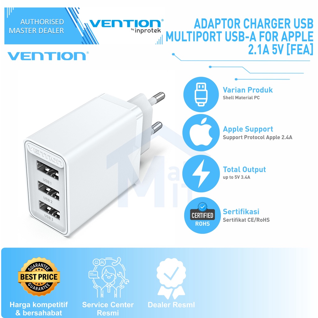 Vention Adaptor Kepala Charger 3in1 USB-A 17W Apple Samsung Xiaomi FEA